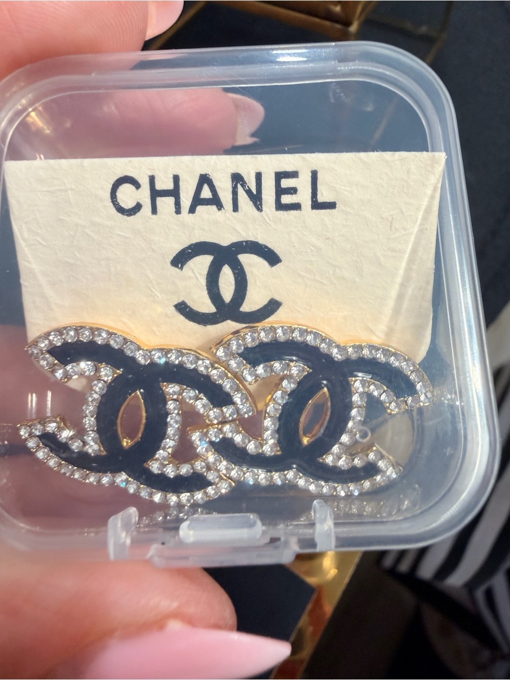 Black and Gold Crystal CC Logo Earring Studs | NEW - Picture 5 of 6